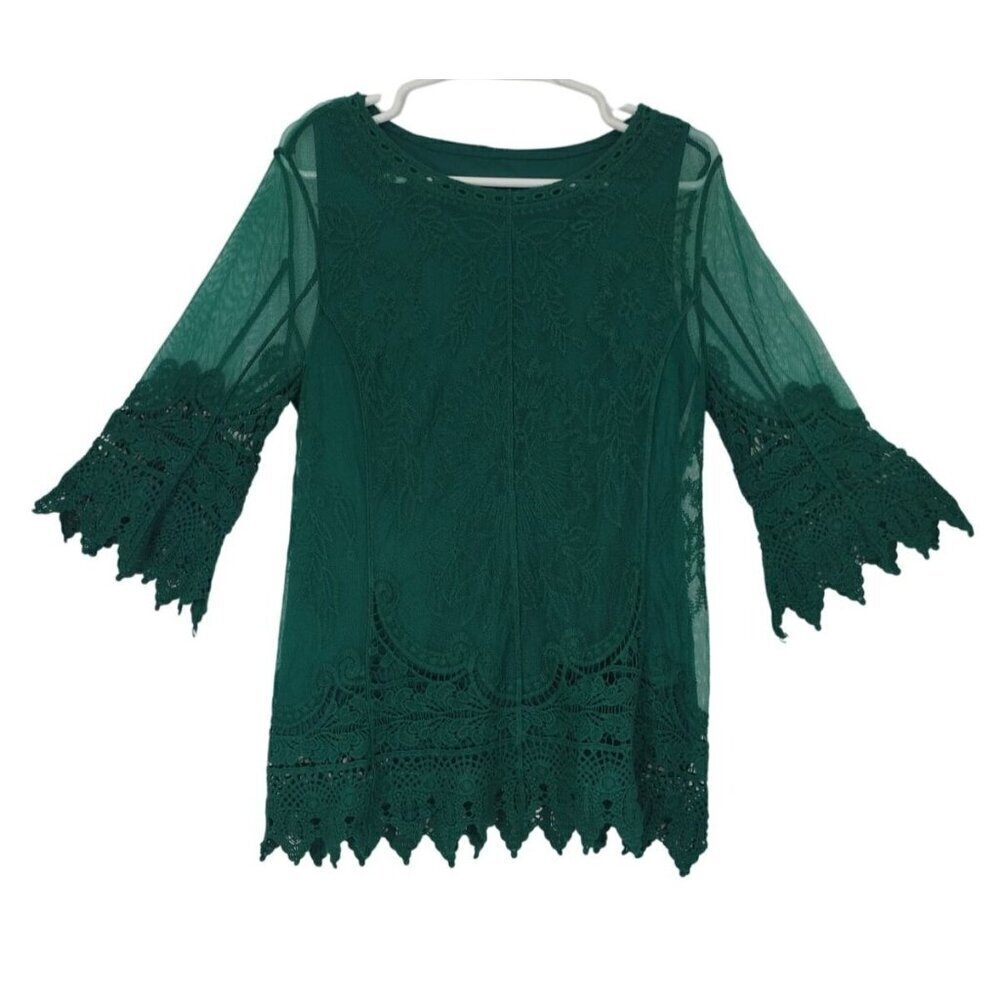 Green Lace Bell Sleeve Tunic Top Embroidered Sheer Overlay By Ultra Pink Womens